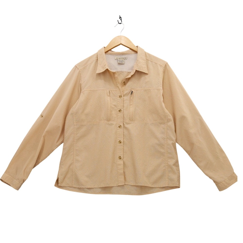 ExOfficio Womens XL Beige Mini Check Long Sleeve Button Up Shirt Roll Tab Sleeve